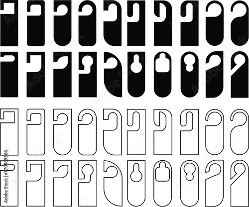 Hotel door hanger tags outline template icon signs set flat style design line vector collections. Empty door flyer or do not disturb mock up isolated on transparent background. Paper Door Handle Lock.