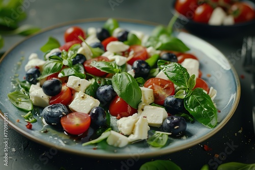 a plate of salad with feta, tomatoes, basil and blueberries