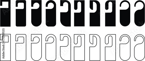 Hotel door hanger tags outline template icon signs set flat style design line vector collections. Empty door flyer or do not disturb mock up isolated on transparent background. Paper Door Handle Lock.