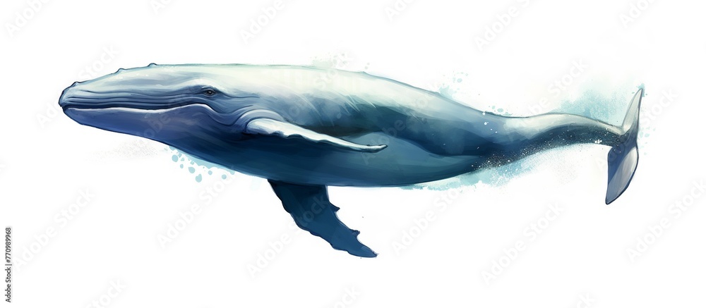 blue whale vector illustration with subtle watercolor splashes on a white background.