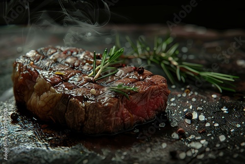 A piece of meat is sitting on a cutting board with a lot of seasoning on it. The meat is brown and he is cooked. The image has a warm and inviting mood