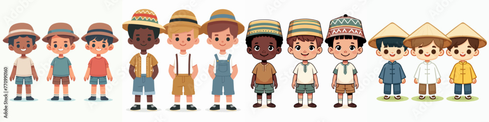 Set of Vector boys wear different hats - obrazy, fototapety, plakaty 
