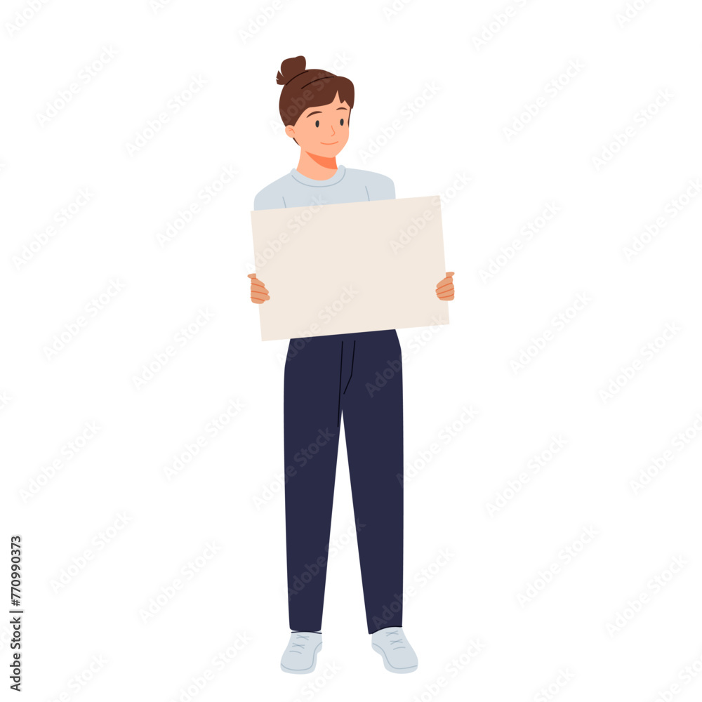 Happy young woman holding a blank placard in her hands isolated on white background. Smiling girl carrying empty banner. Happy young woman holding a blank placard in her hands isolated on white background. Smiling girl carrying empty banner.