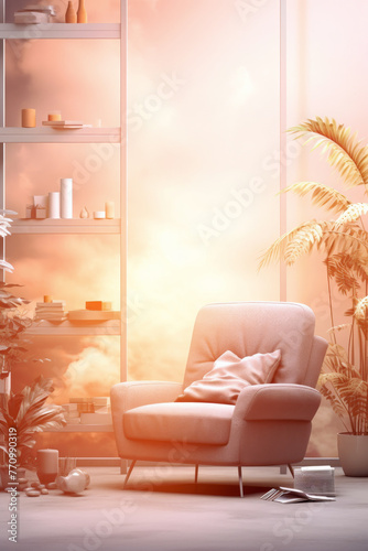 Modern living room with armchair  shelving unit with decor items  indoor plants against window with sunset clouds reflection. Contemporary home decor. Studio photography with soft focus and warm tones