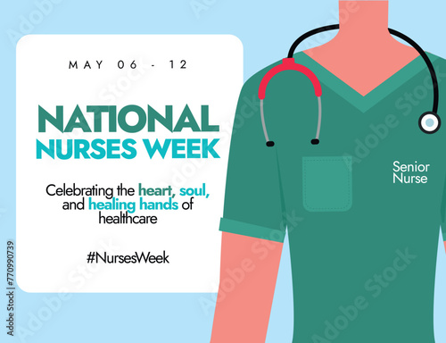 National Nurses Week. May 6 to 12 National nurses week celebration and appreciation post, banner with male nurse wearing green uniform and stethoscope. Banner to recognise the contributions of nurses.