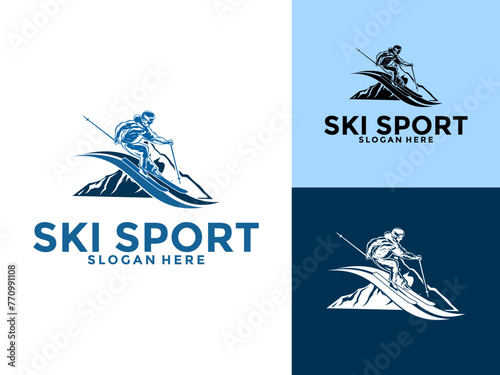 Skiing Winter Sport Logo Vector Symbol, Mountain Skiing Logo Design Template