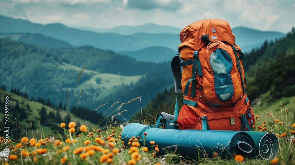 A backpack equipped with a mat rests on a mountain trail