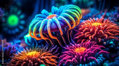 Macro shot on coral polyps. Neon corals, macro shot of ocean world, background, underwater world © artisttop