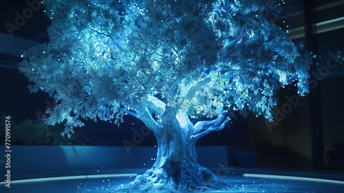 Futuristic interactive Unilever poster, themed 'Wisdom Tree,' in cool blue.generative ai photo