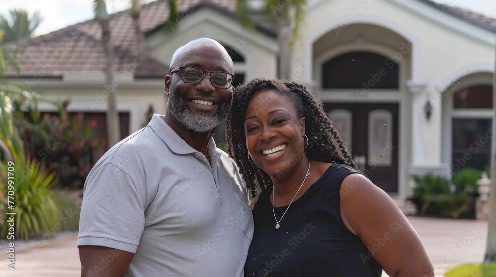 A happy African American couple smiling in front of their house. A happy African American couple smiling in front of their house.