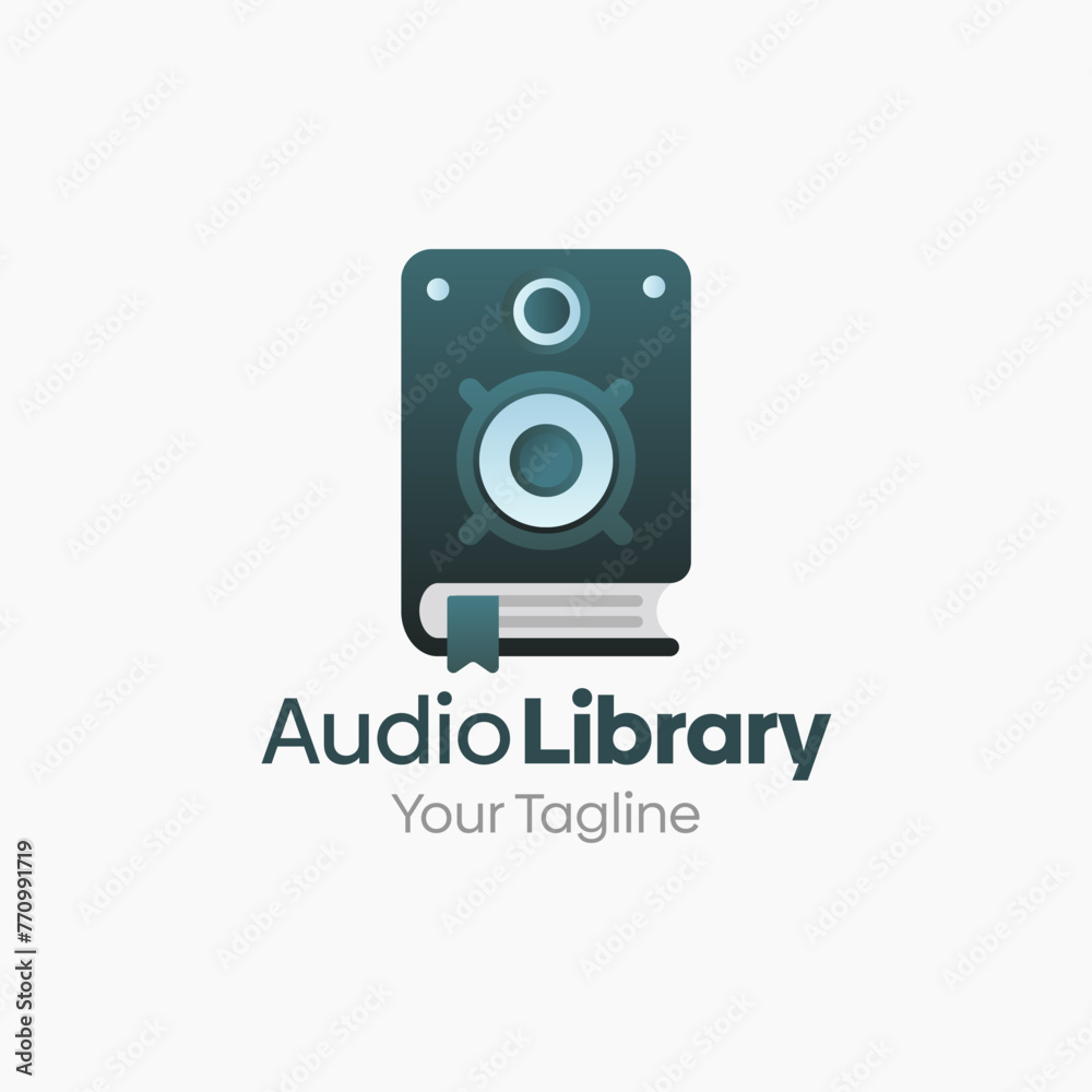 Illustration Vector Graphic Logo of Audio Library. Merging Concepts of a Book and Audio Speaker or Sound System Good for Education, Course, Learning, Academy etc