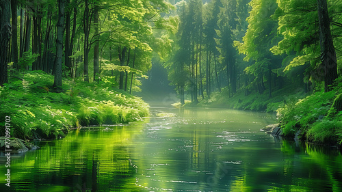 Tranquil forest scene: river, tall trees, soft sunlight, serene atmosphere.generative ai