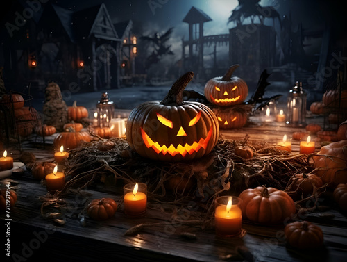 Halloween pumpkins with scary faces and burning candles on dark background
