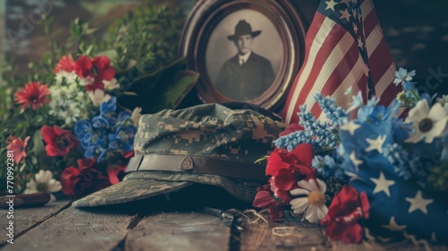 Military uniform hat with badge, American flag, and wreath around a service member's portrait. © evgenia_lo