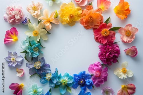 Circular garland of multicolored flowers on a white background, top view.