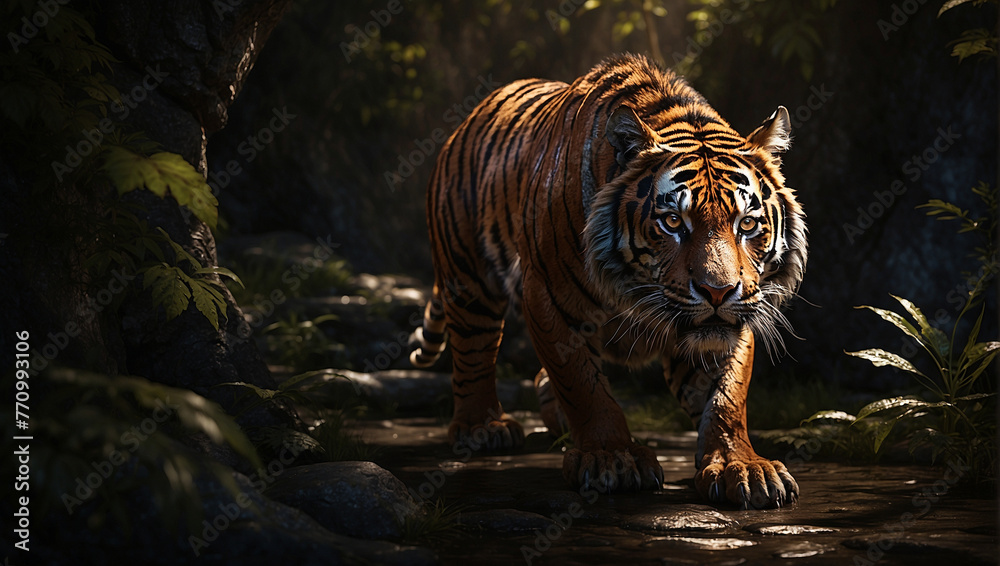 highly detailed tiger prowls through in the dark