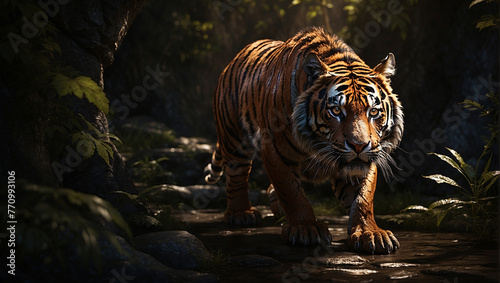 highly detailed tiger prowls through in the dark © ZOHAIB
