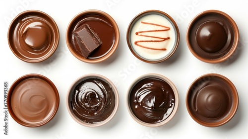 A set of melted chocolate bowls (dark, milk, white) on a white background, top view photo