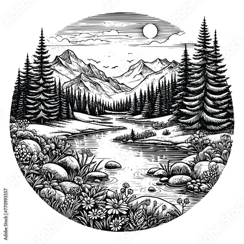 hand drawn Beautiful nature landscape drawing scenery black and white, vector line art style illustration © Nurjen