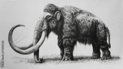 pencil sketch of extinct woolly mammoth from prehistoric ice age, side view