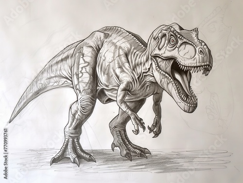 t-rex standing, roaring - pencil sketch, prehistoric reptile drawing
