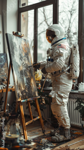 an astronaut painting on a canvas in a bright studio,generative ai