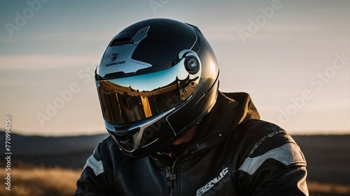 A motorcyclist in a helmet and jacket, isolated, protection, sport, safety, head, object, black, equipment
