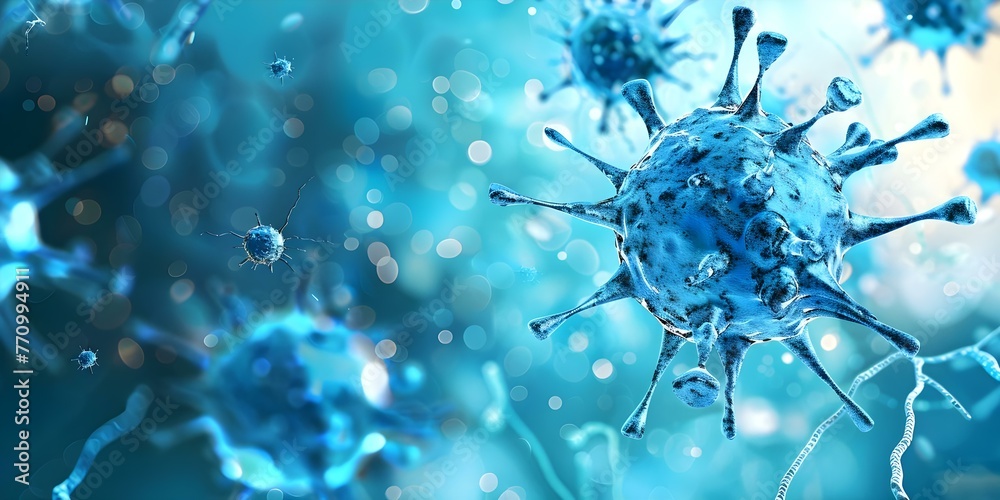 Battle of human immune cells against cancer cells using nanotechnology bacteria and virus cells in the background. Concept Cancer Immunotherapy, Nanotechnology, Virus Cells, Immune Response - obrazy, fototapety, plakaty 