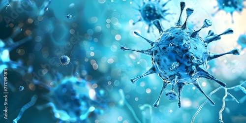Battle of human immune cells against cancer cells using nanotechnology bacteria and virus cells in the background. Concept Cancer Immunotherapy, Nanotechnology, Virus Cells, Immune Response photo