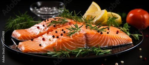 A delicious plate of seafood cuisine featuring a salmon fillet garnished with lemon slices and fines herbes on a table