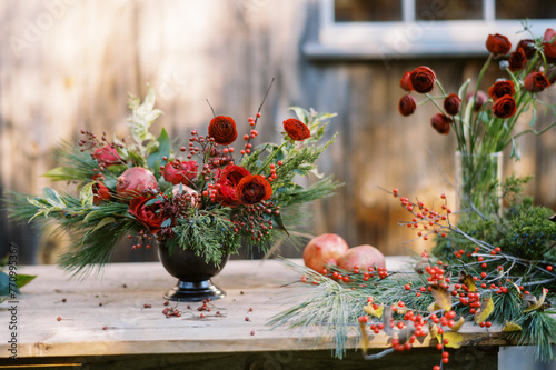 christmas themed floral centerpiece  photo