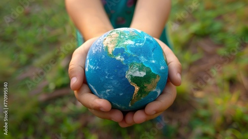 Close-up of the hands holding a blue and green earth model. eco, recycling, environment, sustainability theme