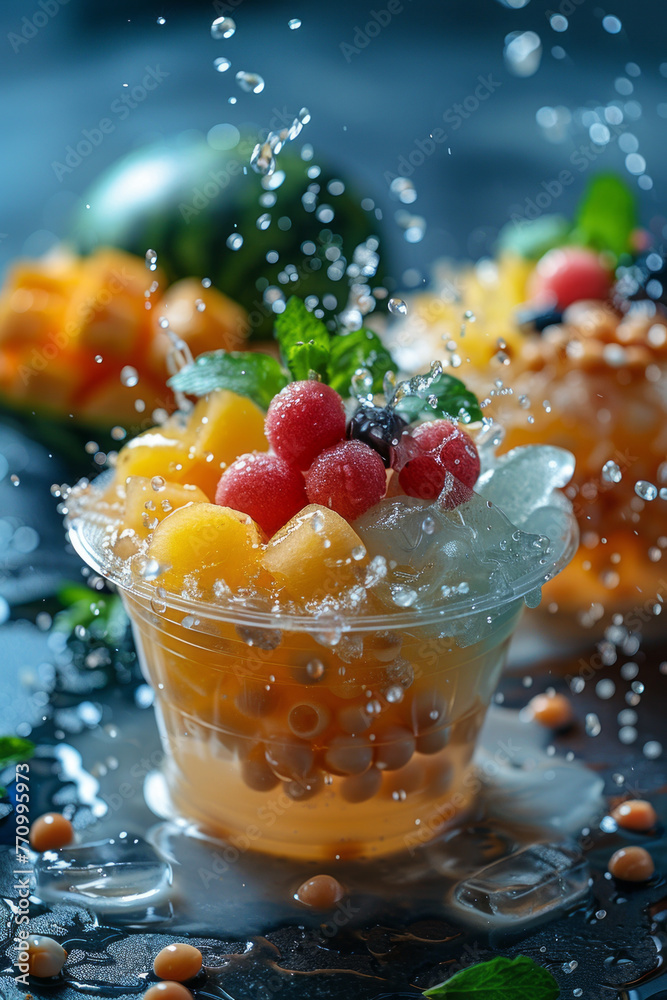 Milk bowl with ice cubes, fruits, and beans, set against a serene sky.generative ai Milk bowl with ice cubes, fruits, and beans, set against a serene sky.generative ai