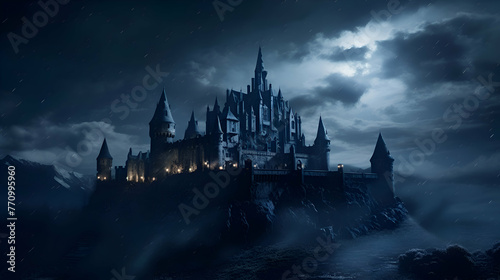 Fantasy background with a fantasy castle. 3d render illustration.