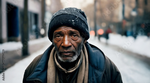 Portrait of an old african american homeless man in the cold winter street