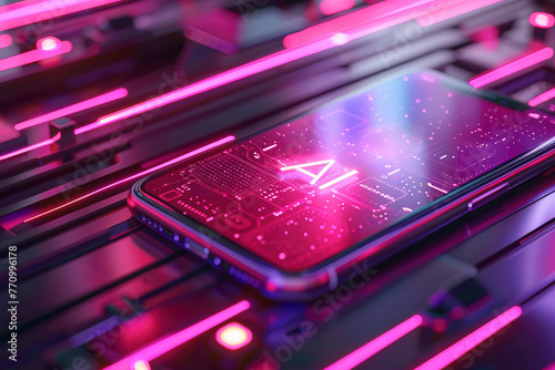 Futuristic Smartphone with Neon AI Concept on Dark Pink Background