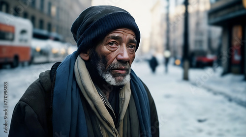 Portrait of an old african american homeless man in the cold winter street
