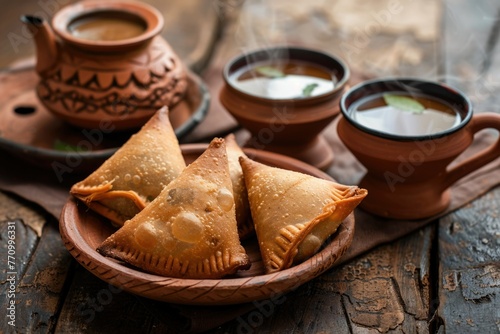 Masala tea, samosa. Indian breakfast at the market. clay mug.