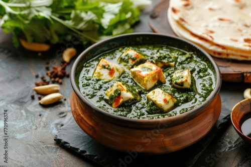 Palak paneer and chapati. Indian food. Spinach, cheese. Vegetarian cuisine. Spices, masala, curry, roti. dark background