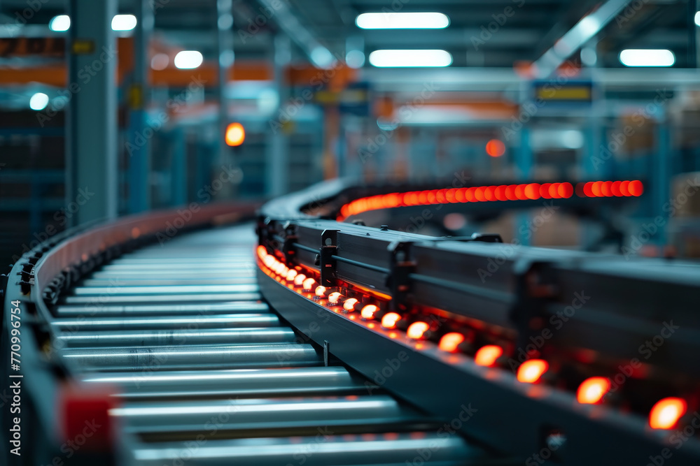 A conveyor belt with red lights on it
