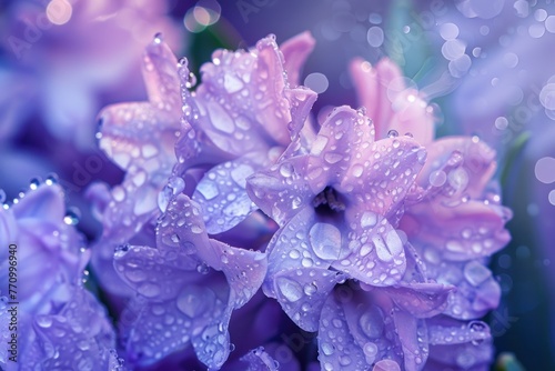 Macro photo of dew-covered hyacinths with a soft-focus bokeh background.