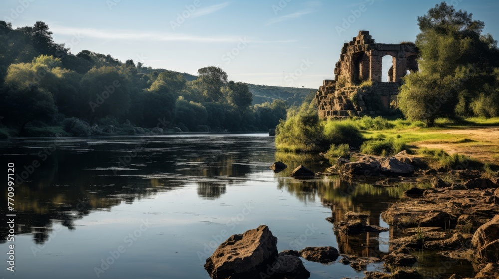 Fototapeta premium Calm river with ancient ruins on both sides
