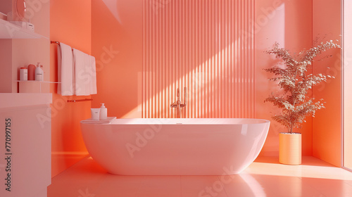 Fashionable peach bathroom interior. Color of the year 2024 Peach Fuzz