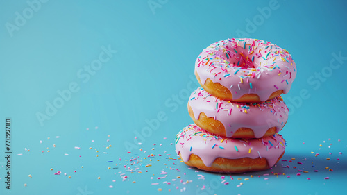 Sprinkled pink donuts concept background. Frosted sprinkled doughnuts poster wallpaper. Creative sweet food. Raster bitmap digital illustration.