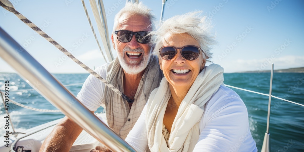 Relaxed of senior couple sailing luxury yacht. Generative AI.