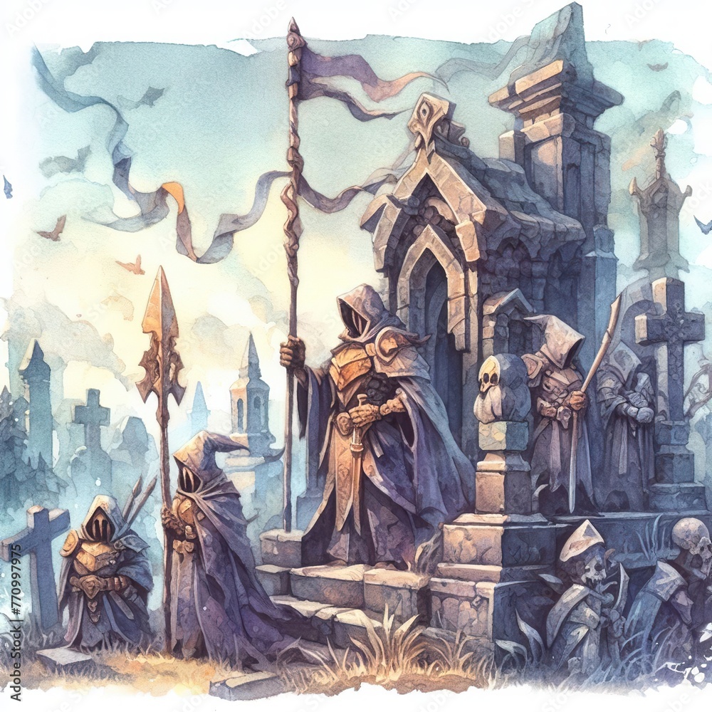 Naklejka premium Mystic Guardians: Watercolor Illustration of Cloaked Warriors Guarding an Ancient Tomb Amidst a Misty Landscape.