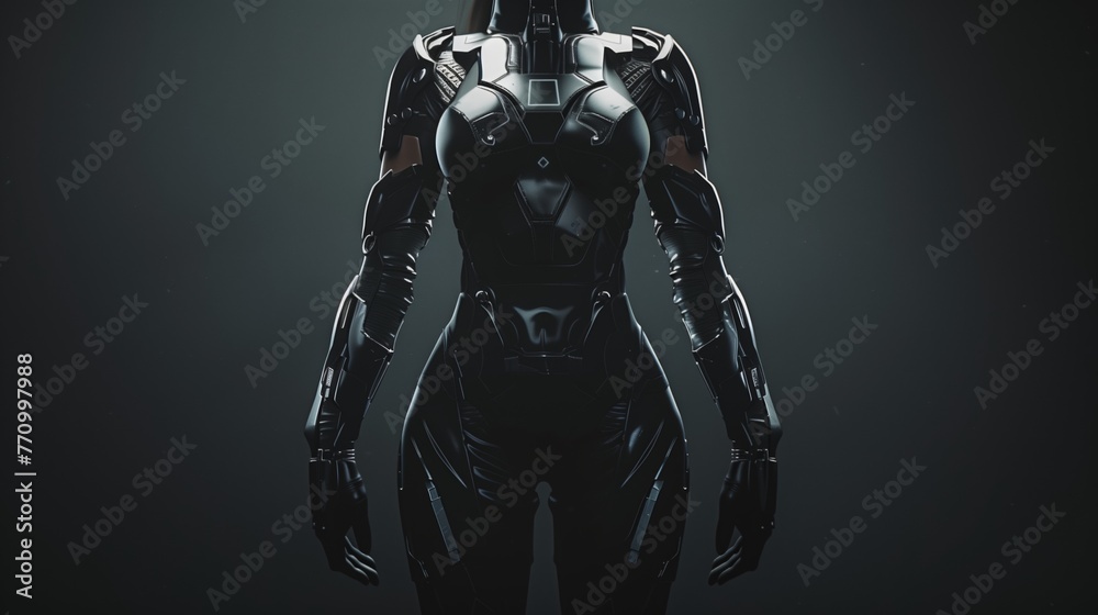 Fototapeta premium Futuristic black power suit for woman, minimalist design, dark background.