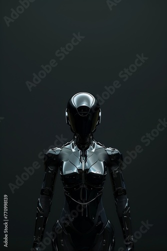 Futuristic black power suit with helmet for woman, minimalist design, dark background.