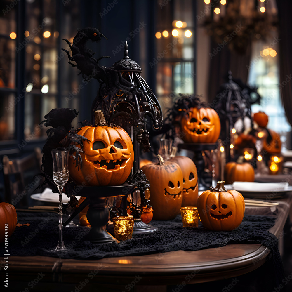 Fototapeta premium Halloween table setting with pumpkins. candlesticks and candles