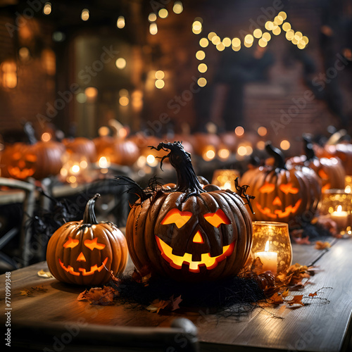 Halloween pumpkins on wooden table in front of blurred background.